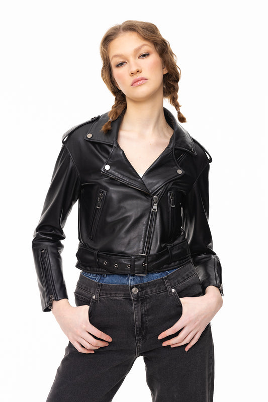 Biker | Siyah Apoletli Deri Ceket