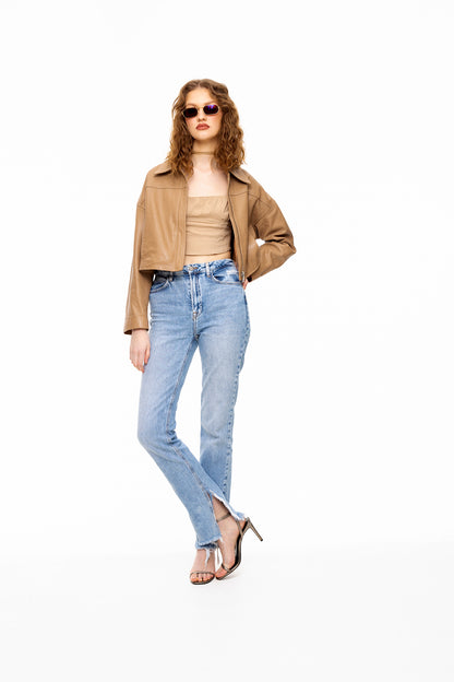 Stella | Camel Oversized Gömlek Deri Ceket