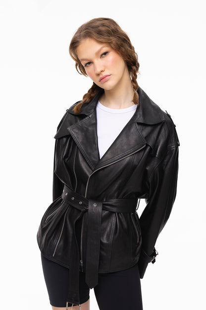 Kai | Siyah Oversized Biker Deri Ceket