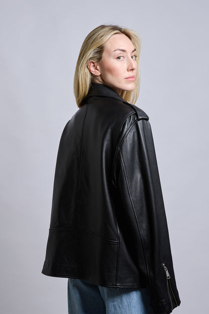 Bond | Siyah Oversized Biker Deri Ceket