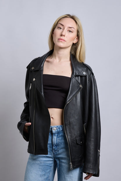 Bond | Siyah Oversized Biker Deri Ceket